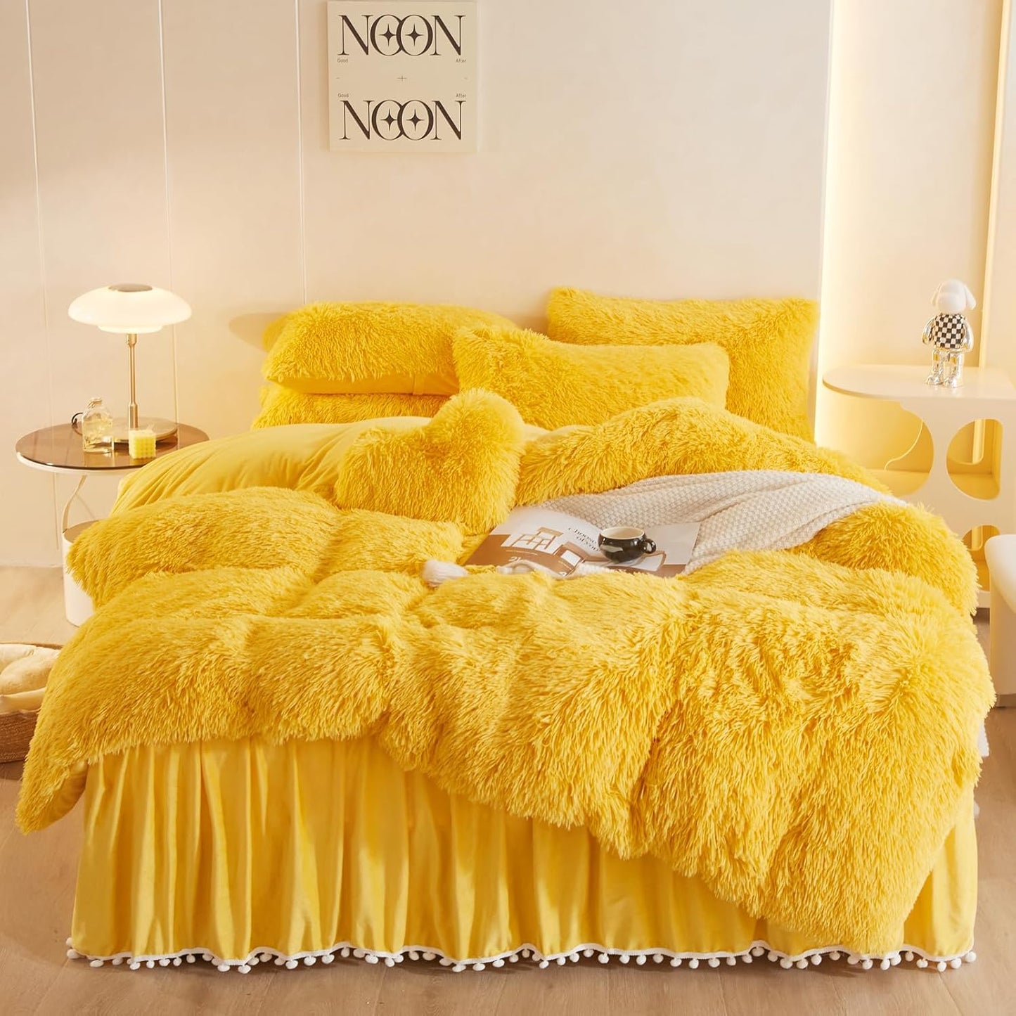 Fuzzy Yellow Comforter Cover Queen Set, Soft Furry Faux Fur Yellow Bedding Queen Set 3 Pieces (1 Plush Duvet Cover + 2 Fluffy Pillow Cases) Shaggy Bed Set, Zipper Closure