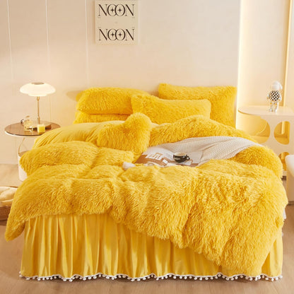 Fuzzy Yellow Comforter Cover Queen Set, Soft Furry Faux Fur Yellow Bedding Queen Set 3 Pieces (1 Plush Duvet Cover + 2 Fluffy Pillow Cases) Shaggy Bed Set, Zipper Closure