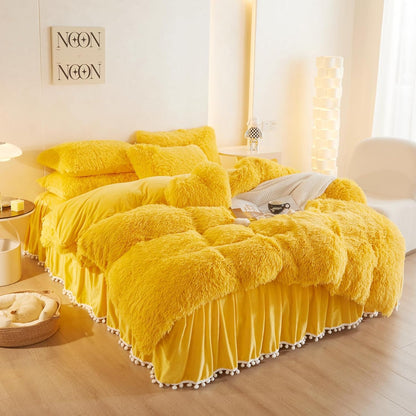 Fuzzy Yellow Comforter Cover Queen Set, Soft Furry Faux Fur Yellow Bedding Queen Set 3 Pieces (1 Plush Duvet Cover + 2 Fluffy Pillow Cases) Shaggy Bed Set, Zipper Closure