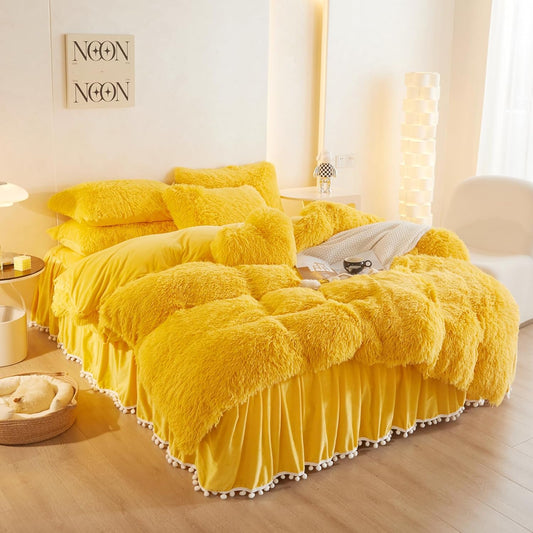 Fuzzy Yellow Comforter Cover Queen Set, Soft Furry Faux Fur Yellow Bedding Queen Set 3 Pieces (1 Plush Duvet Cover + 2 Fluffy Pillow Cases) Shaggy Bed Set, Zipper Closure