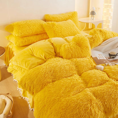 Fuzzy Yellow Comforter Cover Queen Set, Soft Furry Faux Fur Yellow Bedding Queen Set 3 Pieces (1 Plush Duvet Cover + 2 Fluffy Pillow Cases) Shaggy Bed Set, Zipper Closure