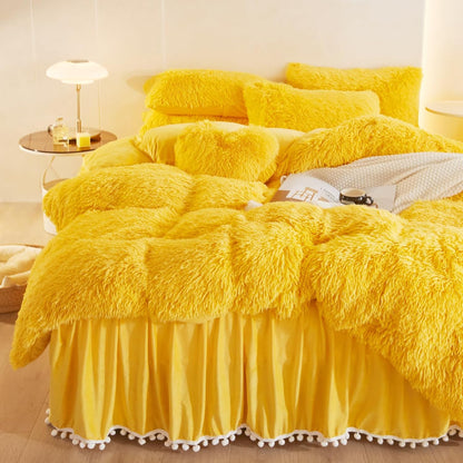 Fuzzy Yellow Comforter Cover Queen Set, Soft Furry Faux Fur Yellow Bedding Queen Set 3 Pieces (1 Plush Duvet Cover + 2 Fluffy Pillow Cases) Shaggy Bed Set, Zipper Closure