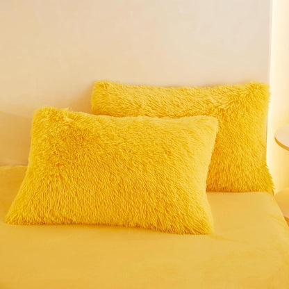 Fuzzy Yellow Comforter Cover Queen Set, Soft Furry Faux Fur Yellow Bedding Queen Set 3 Pieces (1 Plush Duvet Cover + 2 Fluffy Pillow Cases) Shaggy Bed Set, Zipper Closure