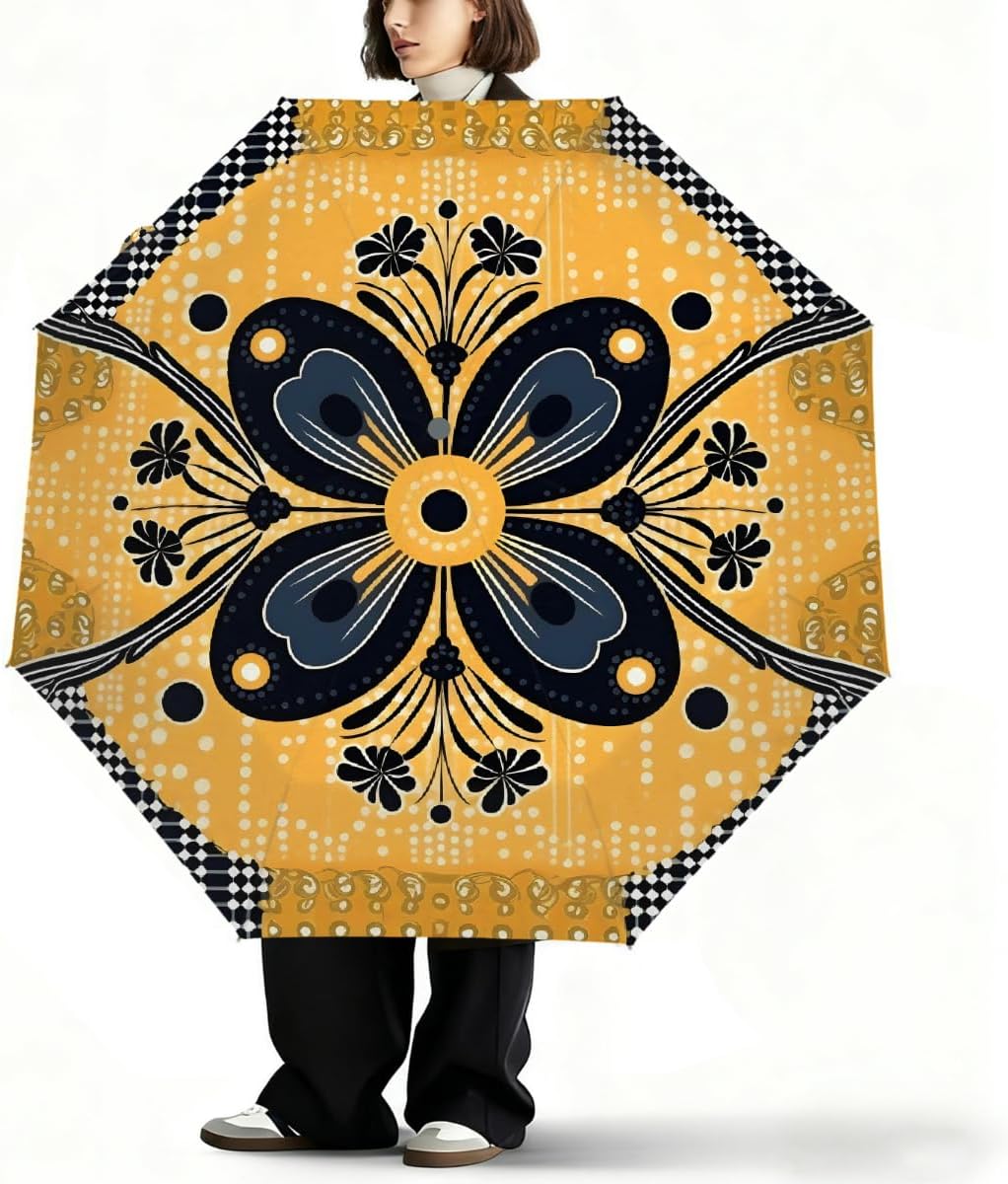 Travel Umbrella Compact Yellow Black Polka Dots Flower Rain Umbrellas Portable Automatic Umbrella for Backpack
