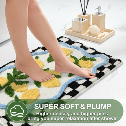 Checkered Lemon Bath Rug for Bathroom, Cute Bathroom Mat Non Slip Soft Microfiber Absorbent Washable Rug for Laundry Home Decor, 20x32 inch
