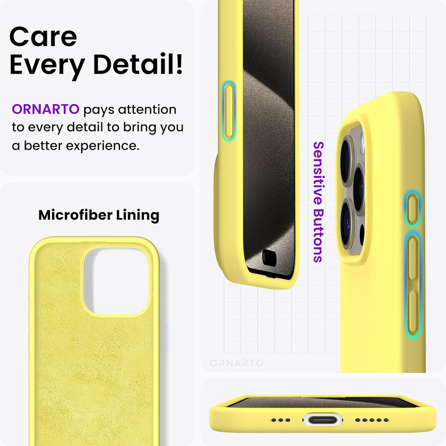 Compatible with iPhone 15 Pro Case 6.1", Liquid Silicone 3 Layers Full Covered Soft Gel Rubber Cover, Shockproof Protective Slim Phone Case with Anti-Scratch Microfiber Lining-Lemon Yellow