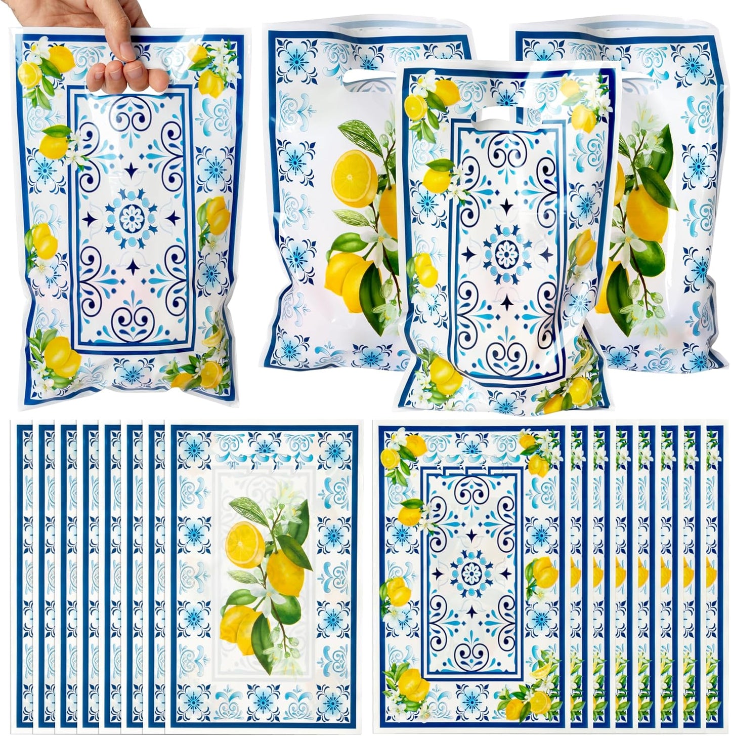 50Pcs Capri Lemon Party Favor Bag Blue Tiles Yellow Lemon Plastic Waterproof Goodie Bag Citrus Fruit Rectangular Gift Bags for Kids Birthday Baby Shower Decoration Party Favor Supplies