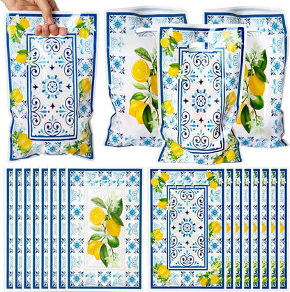 50Pcs Capri Lemon Party Favor Bag Blue Tiles Yellow Lemon Plastic Waterproof Goodie Bag Citrus Fruit Rectangular Gift Bags for Kids Birthday Baby Shower Decoration Party Favor Supplies