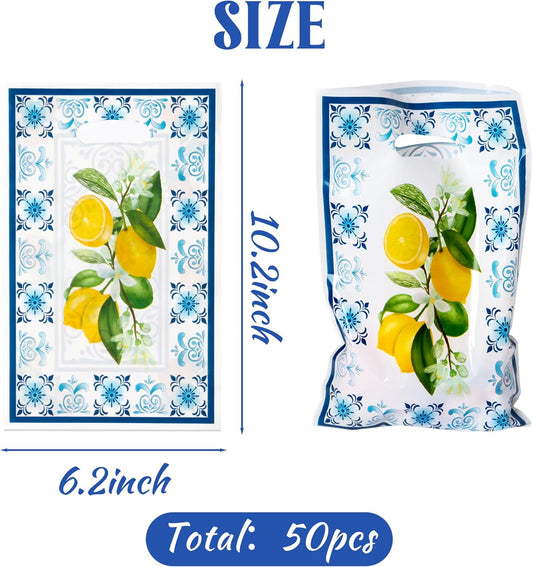 50Pcs Capri Lemon Party Favor Bag Blue Tiles Yellow Lemon Plastic Waterproof Goodie Bag Citrus Fruit Rectangular Gift Bags for Kids Birthday Baby Shower Decoration Party Favor Supplies