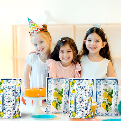 50Pcs Capri Lemon Party Favor Bag Blue Tiles Yellow Lemon Plastic Waterproof Goodie Bag Citrus Fruit Rectangular Gift Bags for Kids Birthday Baby Shower Decoration Party Favor Supplies