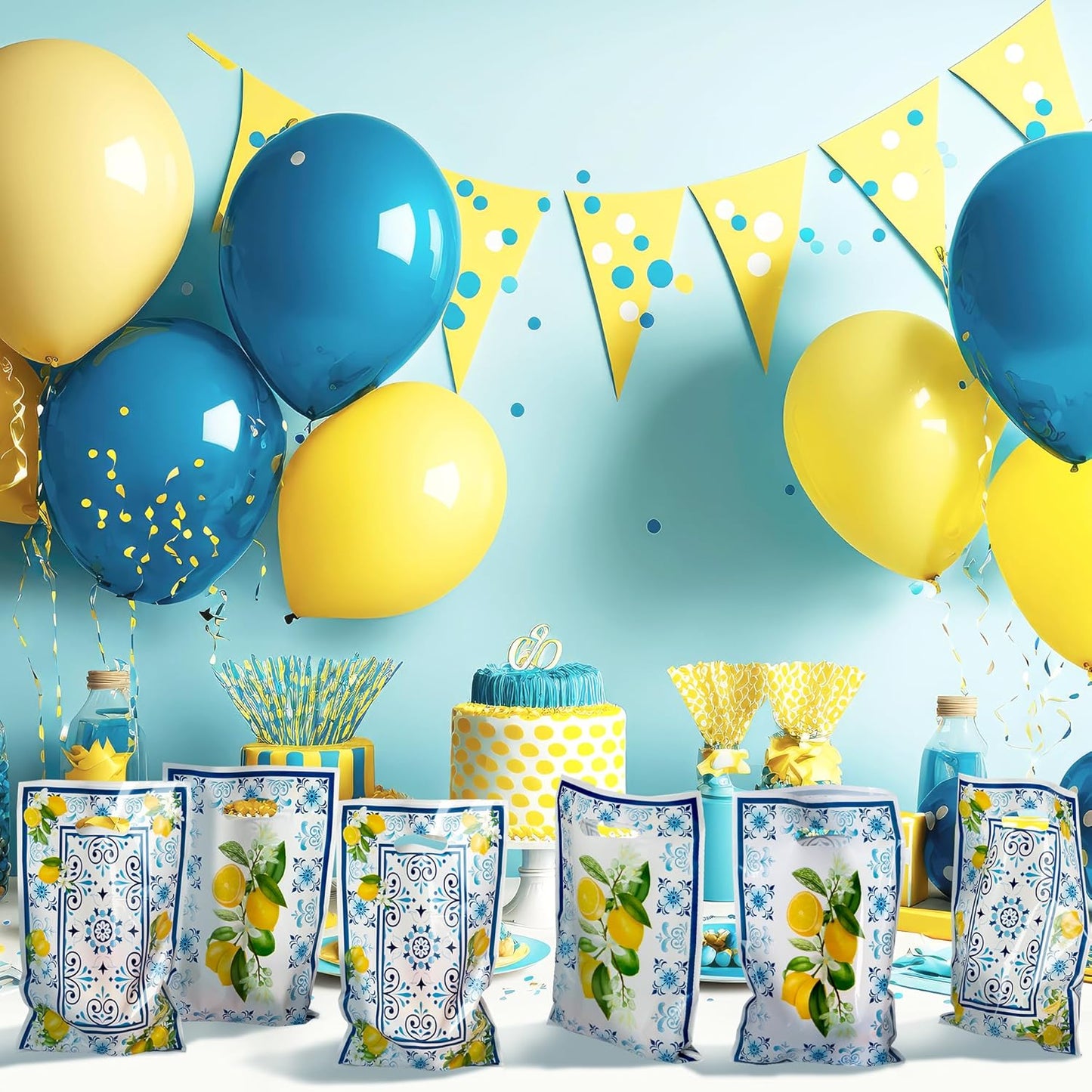 50Pcs Capri Lemon Party Favor Bag Blue Tiles Yellow Lemon Plastic Waterproof Goodie Bag Citrus Fruit Rectangular Gift Bags for Kids Birthday Baby Shower Decoration Party Favor Supplies