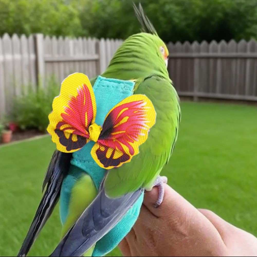 Pet Bird Diaper Harness Adjustable Parrot Harness and Leash Set Cockatiel Flight Suit with 60 Inch Leash Bow Tie Bird Flying Clothes for Conures Cockatoos Cockatiel Pigeon(Yellow, Large)