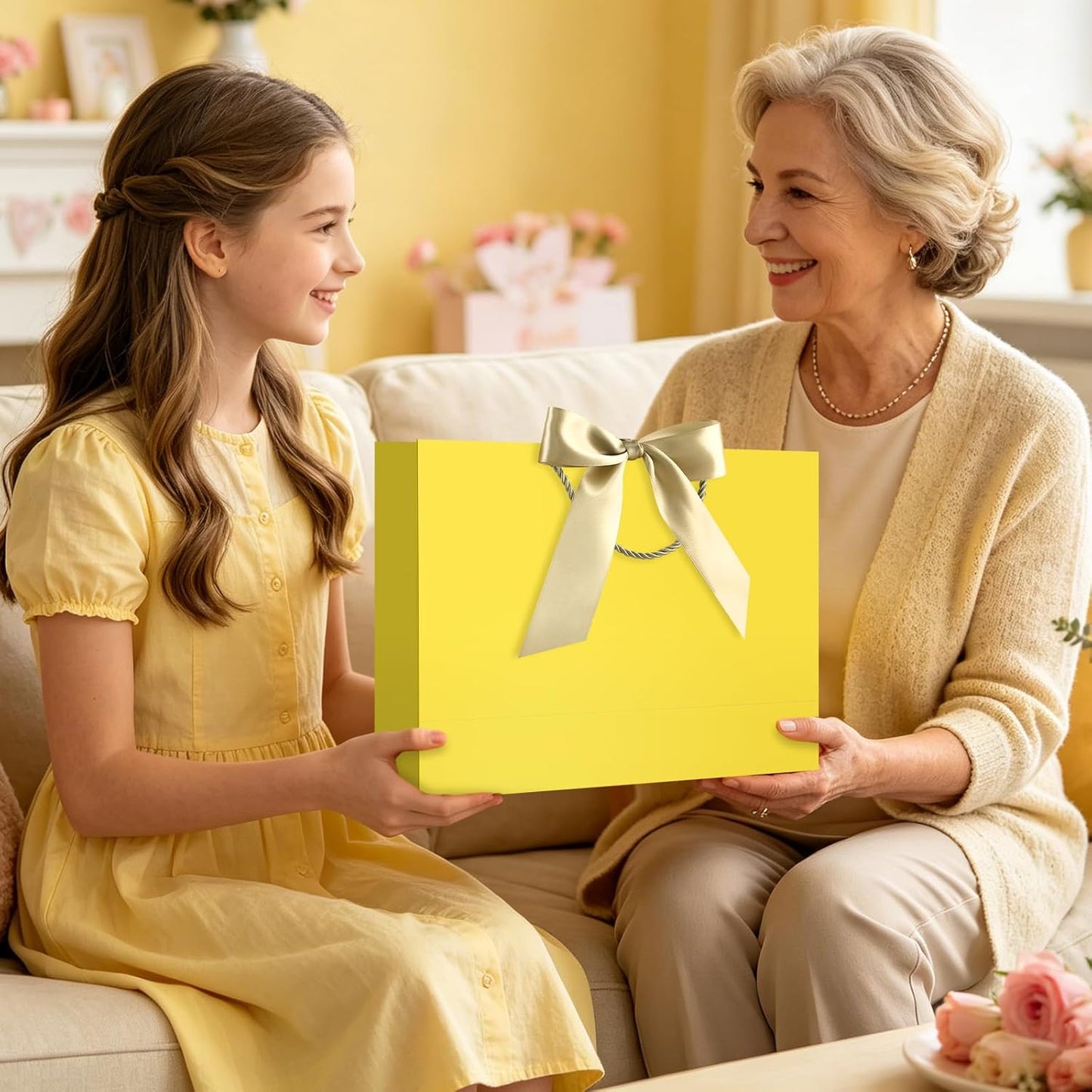 Gift Bags with Handles, 14.6” Large Gift Bags with Tissue Paper | 1 Pcs Yellow Bags, 2 Tissue Paper and 1 Cards, for Baby Shower, Wedding Bridal Shower, Birthday Party