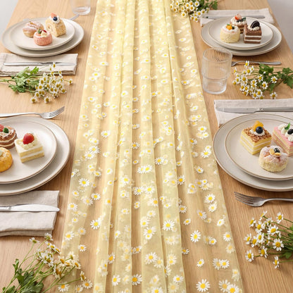 4 Pcs Yellow Daisy Table Runners 29 x 70 Inch Daisy Tulle Lace Table Runner Spring Floral Dining Tablecover for Boho Wedding Birthday Baby Shower Spring Easter Party Home Kitchen Decor