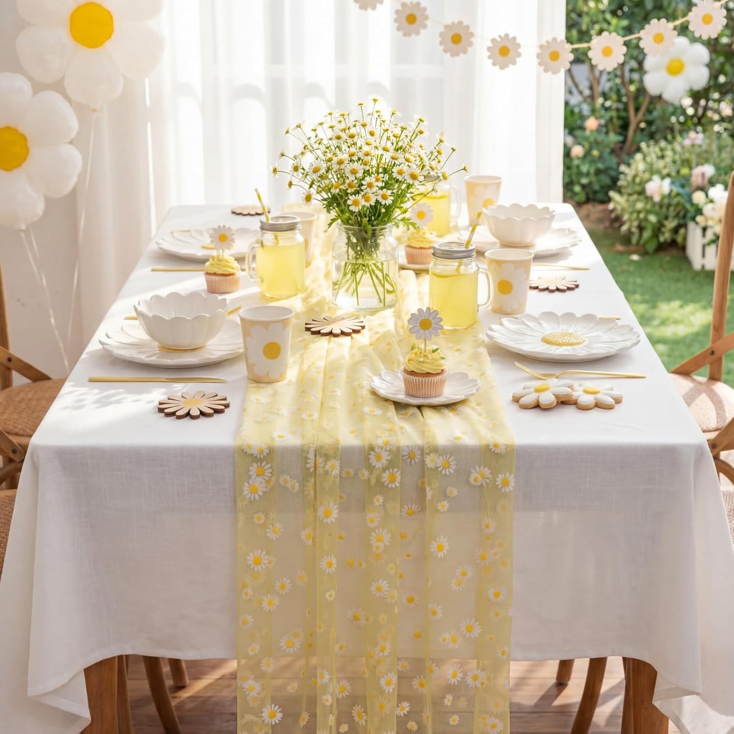 4 Pcs Yellow Daisy Table Runners 29 x 70 Inch Daisy Tulle Lace Table Runner Spring Floral Dining Tablecover for Boho Wedding Birthday Baby Shower Spring Easter Party Home Kitchen Decor