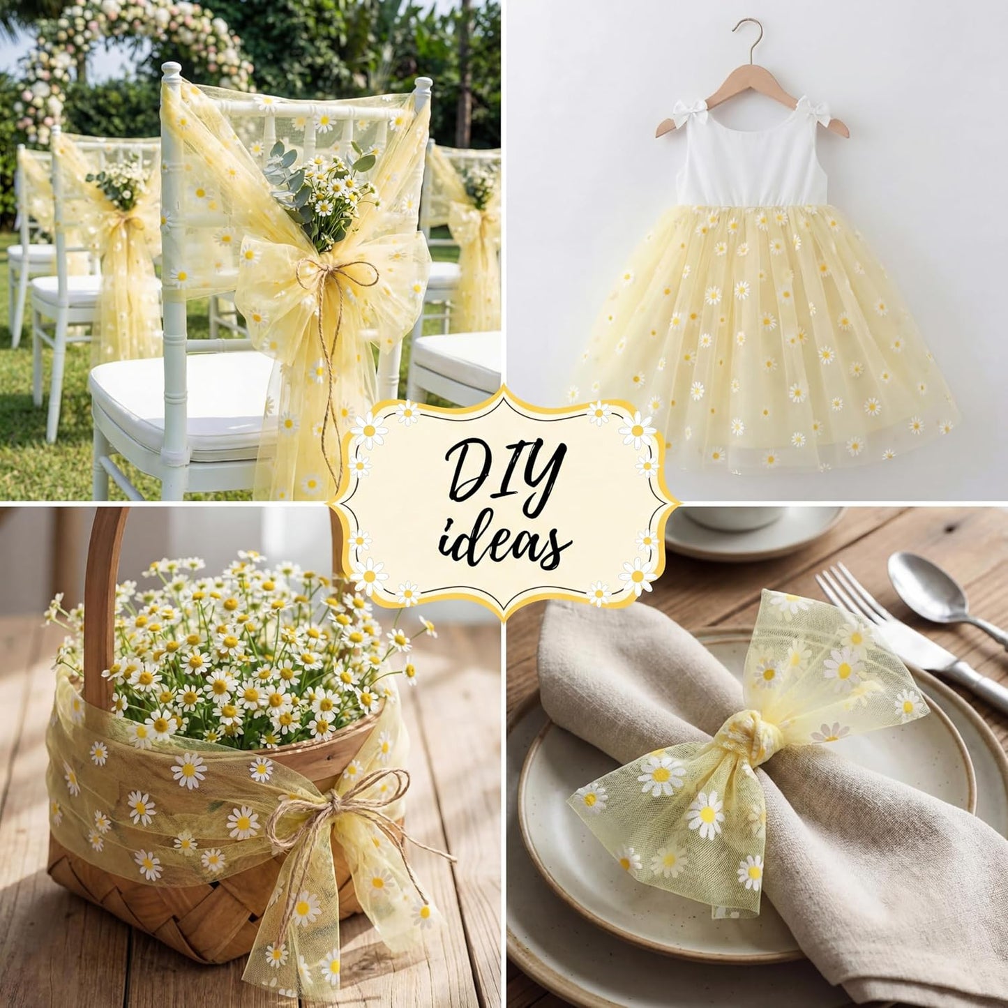 4 Pcs Yellow Daisy Table Runners 29 x 70 Inch Daisy Tulle Lace Table Runner Spring Floral Dining Tablecover for Boho Wedding Birthday Baby Shower Spring Easter Party Home Kitchen Decor