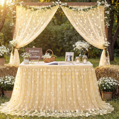 4 Pcs Yellow Daisy Table Runners 29 x 70 Inch Daisy Tulle Lace Table Runner Spring Floral Dining Tablecover for Boho Wedding Birthday Baby Shower Spring Easter Party Home Kitchen Decor