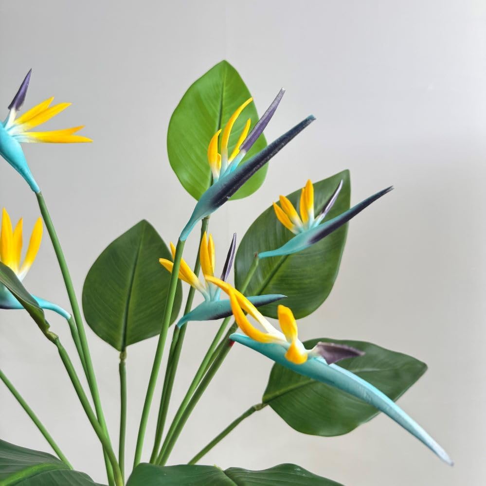 Medium Bird of Paradise 8 Pcs 23 Inch Permanent Flower Stem,Real Touch Flowers Soft Rubber PU Artificial Plants for Home Office (Navy Blue+Yellow)