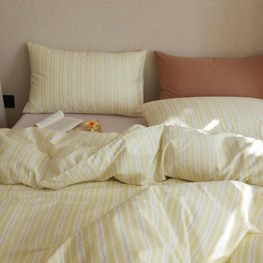 Floral Comforter Full Yellow Striped Bedding Set Fluffy Cotton Down Alternative Girls Bedding Comforter Sets Cozy Boho Stripe Light Weight Bed Comforter with 2 Pillowcases
