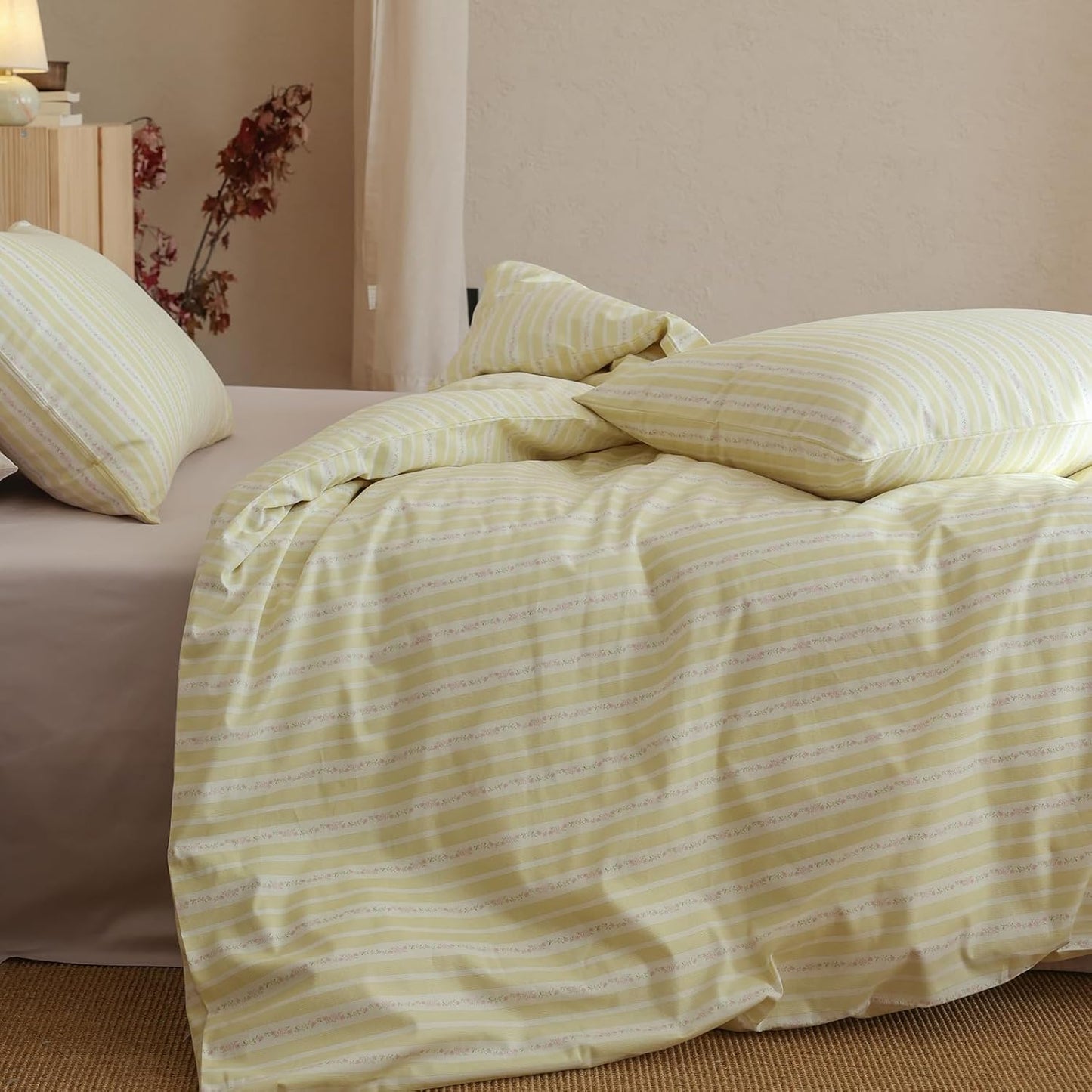Floral Comforter Full Yellow Striped Bedding Set Fluffy Cotton Down Alternative Girls Bedding Comforter Sets Cozy Boho Stripe Light Weight Bed Comforter with 2 Pillowcases