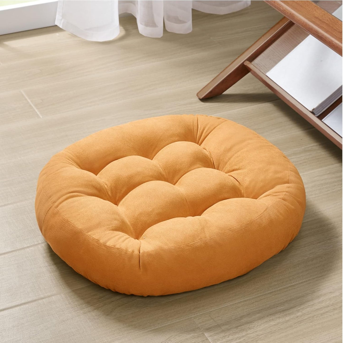 Meditation Floor Pillow, Round Large Pillows Seating for Adults, Tufted Corduroy Cushion for Tatami Living Room, Orange Yellow 22 Inch