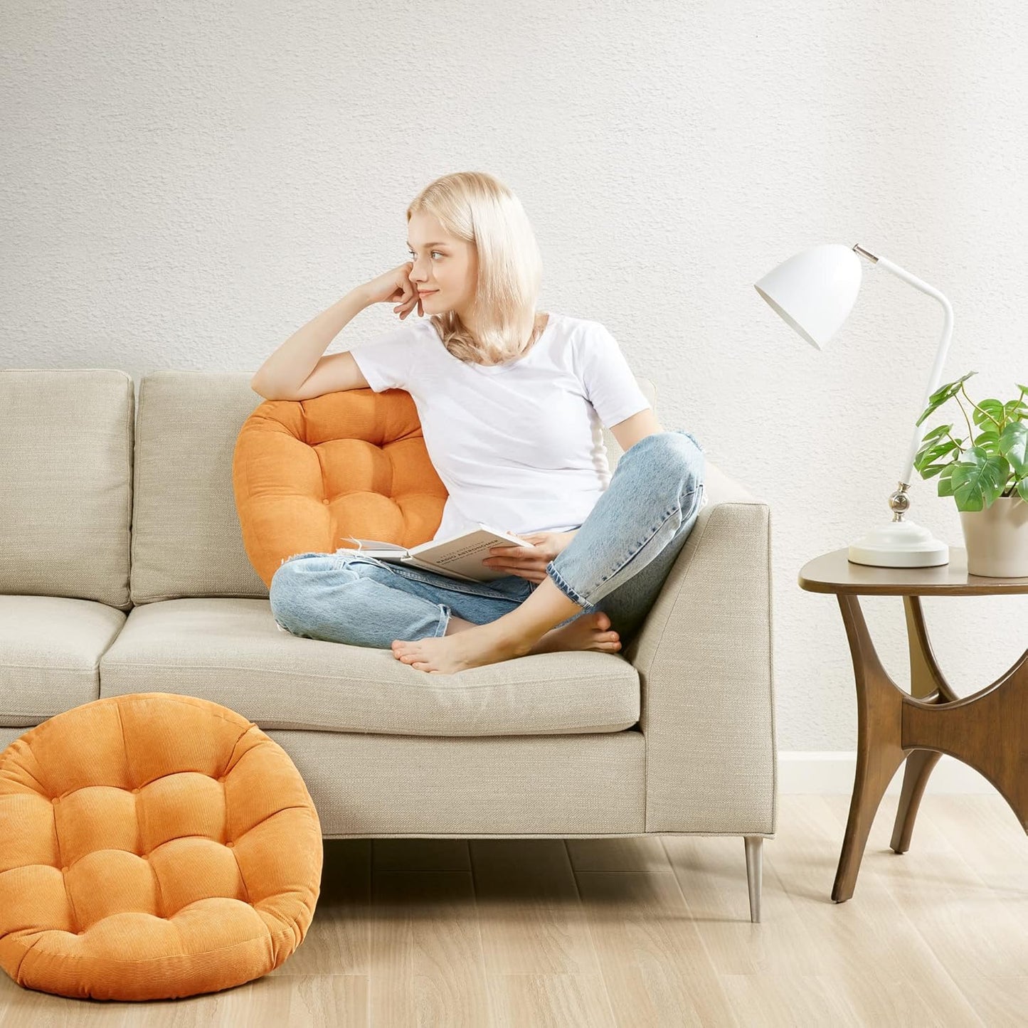 Meditation Floor Pillow, Round Large Pillows Seating for Adults, Tufted Corduroy Cushion for Tatami Living Room, Orange Yellow 22 Inch