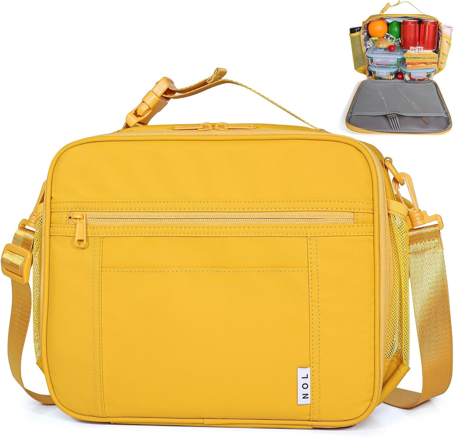 NOL Kids Lunch Bag -Kids 3+ Reusable Insulated Lunch Box with Zipper Closure Buckle Handle Adjustable Long Shoulder Strap, Easy-Clean Waterproof Fabric, Children Lunch Tote Bag for School-Earth-yellow