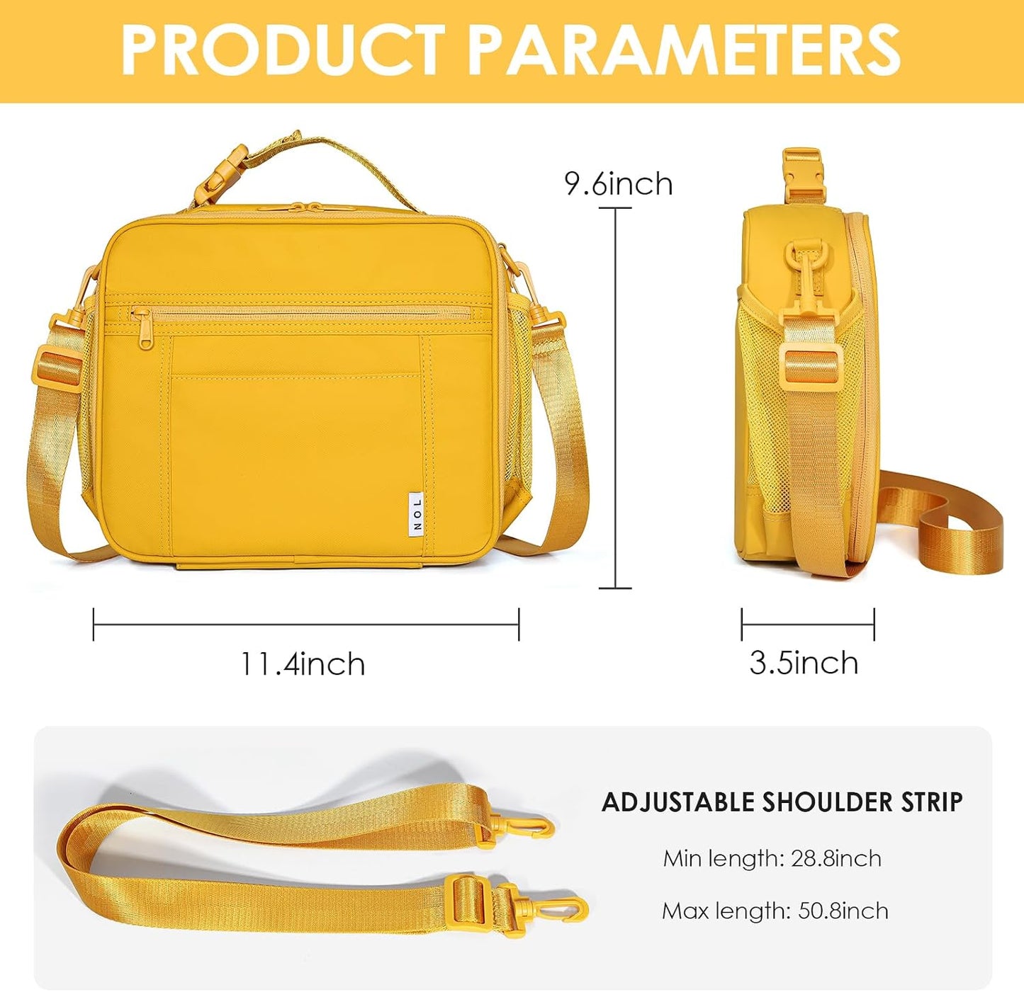 NOL Kids Lunch Bag -Kids 3+ Reusable Insulated Lunch Box with Zipper Closure Buckle Handle Adjustable Long Shoulder Strap, Easy-Clean Waterproof Fabric, Children Lunch Tote Bag for School-Earth-yellow