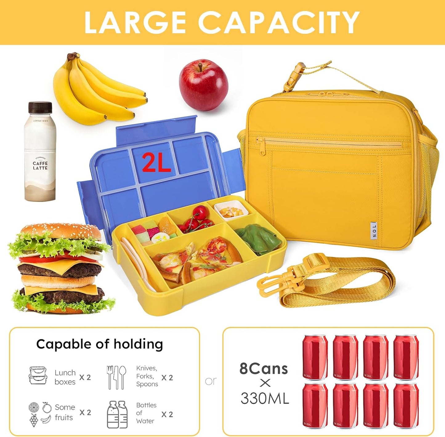 NOL Kids Lunch Bag -Kids 3+ Reusable Insulated Lunch Box with Zipper Closure Buckle Handle Adjustable Long Shoulder Strap, Easy-Clean Waterproof Fabric, Children Lunch Tote Bag for School-Earth-yellow