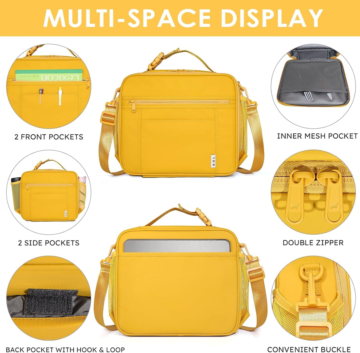 NOL Kids Lunch Bag -Kids 3+ Reusable Insulated Lunch Box with Zipper Closure Buckle Handle Adjustable Long Shoulder Strap, Easy-Clean Waterproof Fabric, Children Lunch Tote Bag for School-Earth-yellow