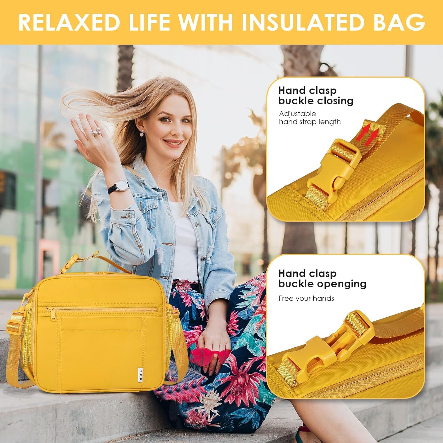 NOL Kids Lunch Bag -Kids 3+ Reusable Insulated Lunch Box with Zipper Closure Buckle Handle Adjustable Long Shoulder Strap, Easy-Clean Waterproof Fabric, Children Lunch Tote Bag for School-Earth-yellow