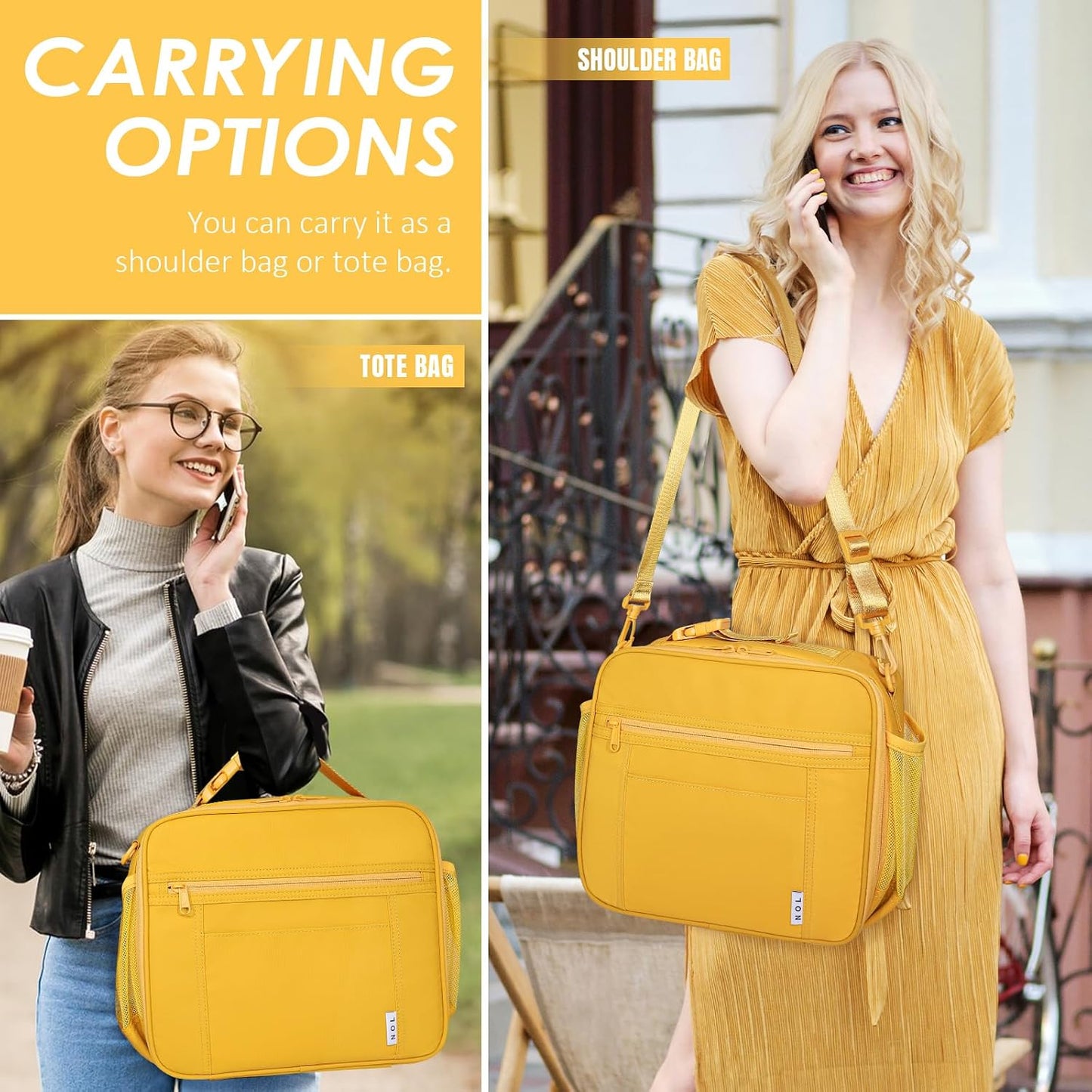 NOL Kids Lunch Bag -Kids 3+ Reusable Insulated Lunch Box with Zipper Closure Buckle Handle Adjustable Long Shoulder Strap, Easy-Clean Waterproof Fabric, Children Lunch Tote Bag for School-Earth-yellow