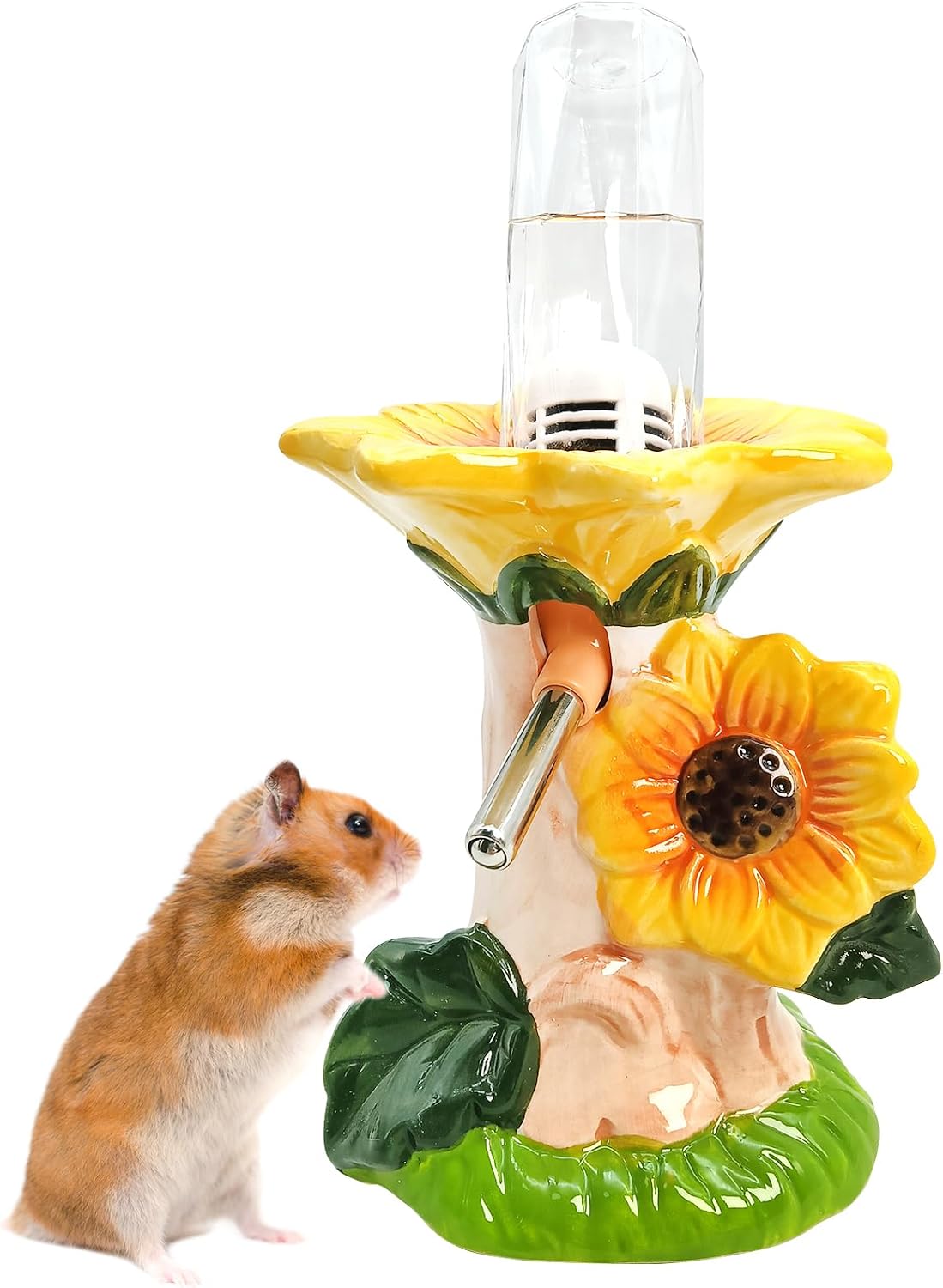 Hamster Water Bottle No Drip Ceramic Hamster Water Bottle for Glass Tank - 80ML Water Dispenser with Yellow Sunflower Stand Holder for Syrian Hamsters Dwarf Hamsters Mice Gerbils