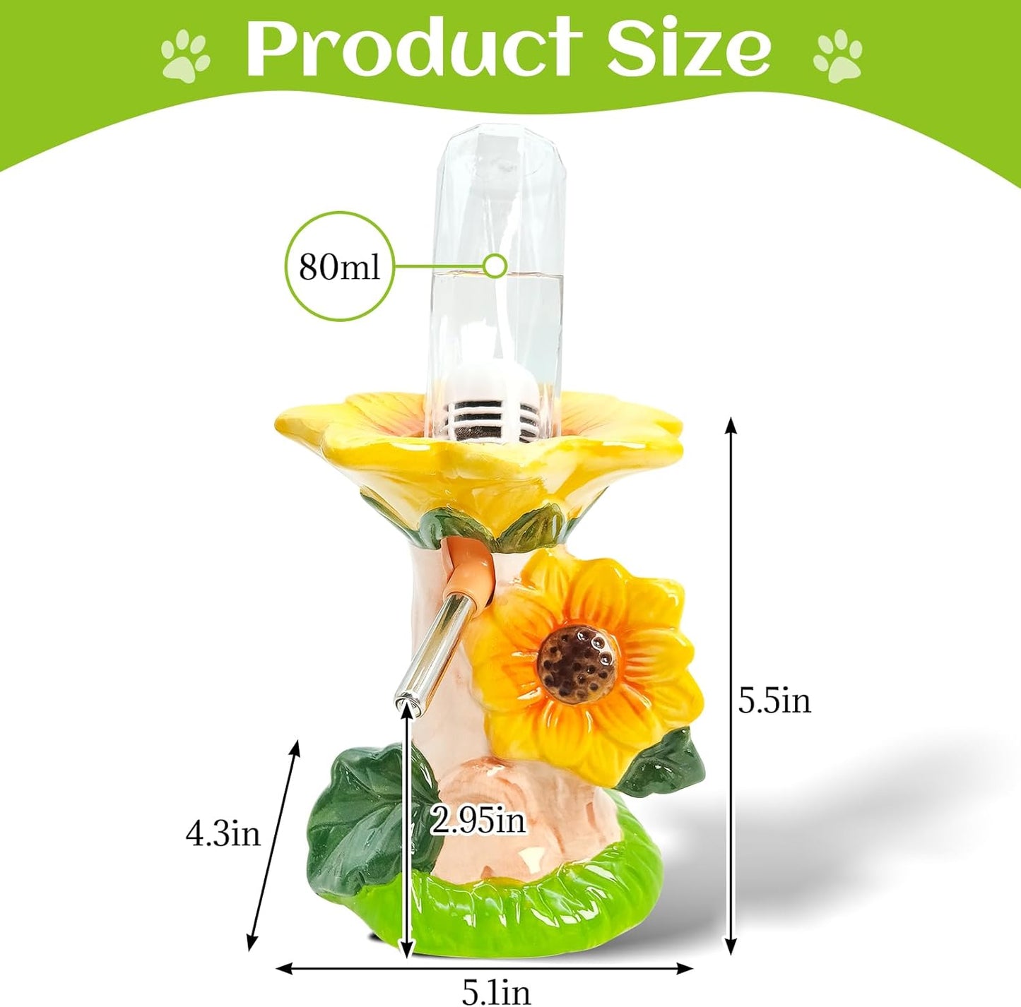 Hamster Water Bottle No Drip Ceramic Hamster Water Bottle for Glass Tank - 80ML Water Dispenser with Yellow Sunflower Stand Holder for Syrian Hamsters Dwarf Hamsters Mice Gerbils