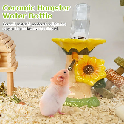 Hamster Water Bottle No Drip Ceramic Hamster Water Bottle for Glass Tank - 80ML Water Dispenser with Yellow Sunflower Stand Holder for Syrian Hamsters Dwarf Hamsters Mice Gerbils