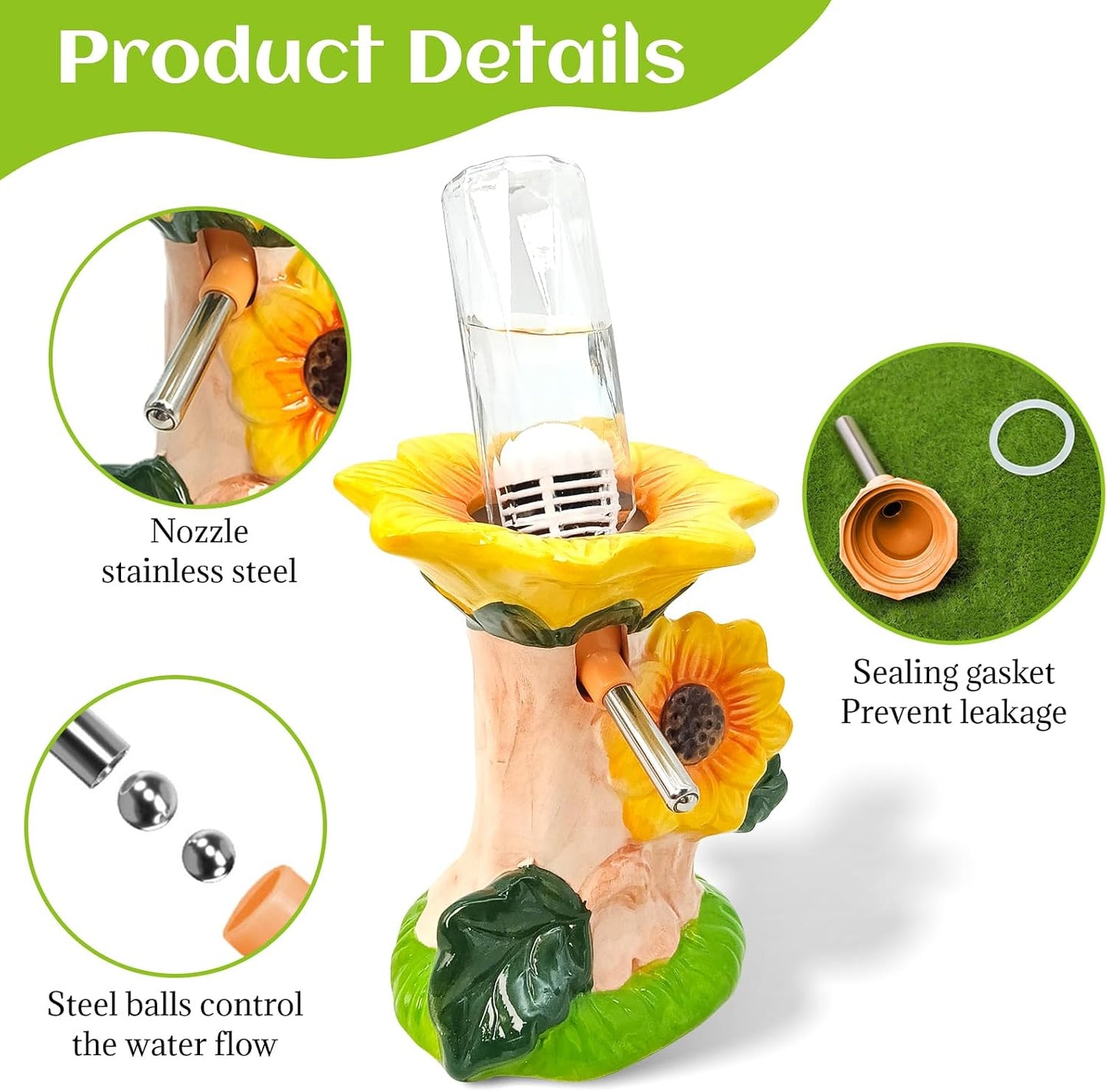 Hamster Water Bottle No Drip Ceramic Hamster Water Bottle for Glass Tank - 80ML Water Dispenser with Yellow Sunflower Stand Holder for Syrian Hamsters Dwarf Hamsters Mice Gerbils