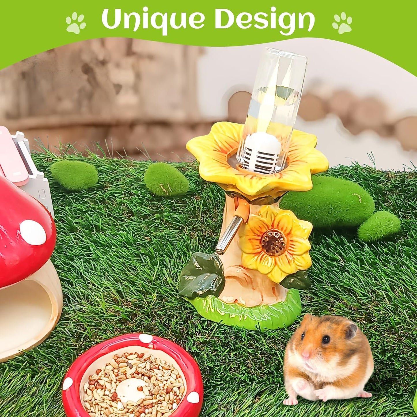 Hamster Water Bottle No Drip Ceramic Hamster Water Bottle for Glass Tank - 80ML Water Dispenser with Yellow Sunflower Stand Holder for Syrian Hamsters Dwarf Hamsters Mice Gerbils