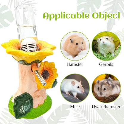Hamster Water Bottle No Drip Ceramic Hamster Water Bottle for Glass Tank - 80ML Water Dispenser with Yellow Sunflower Stand Holder for Syrian Hamsters Dwarf Hamsters Mice Gerbils