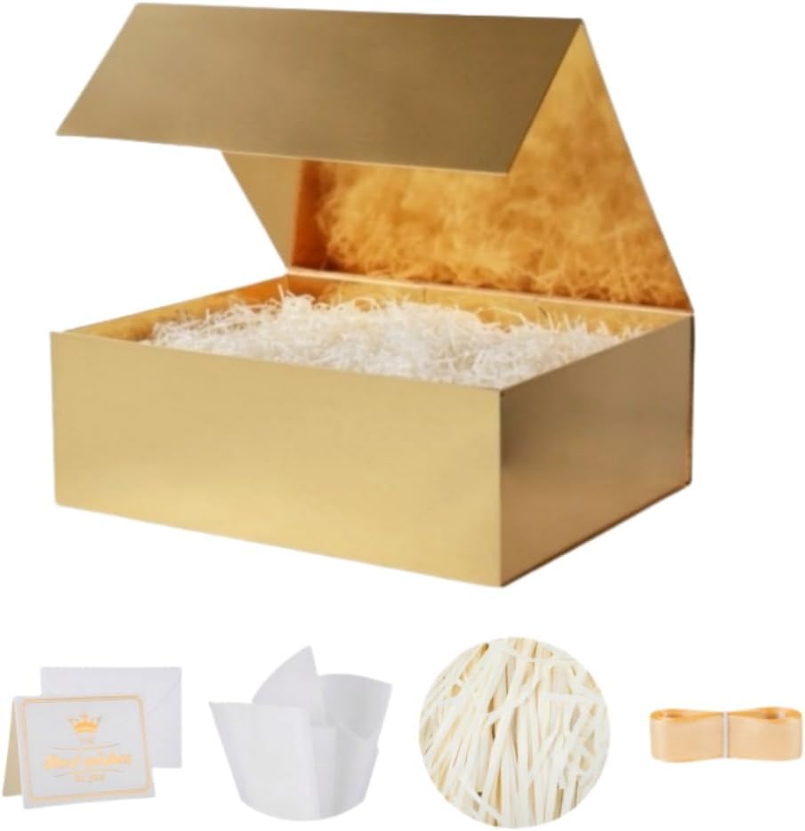 1 Pcs Gold Gift Box 9.5x6x3 Inch with Magnetic Lid | Collapsible Luxury Present Box,for Birthday,Christmas Holiday Gift Includes Card,Ribbon,Tissue Paper & Shredded Filler
