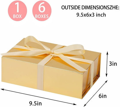 1 Pcs Gold Gift Box 9.5x6x3 Inch with Magnetic Lid | Collapsible Luxury Present Box,for Birthday,Christmas Holiday Gift Includes Card,Ribbon,Tissue Paper & Shredded Filler