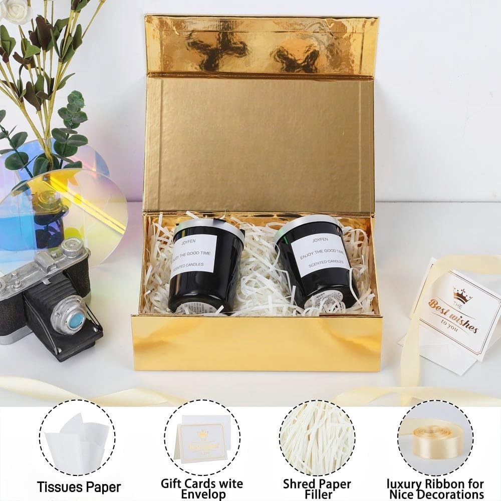 1 Pcs Gold Gift Box 9.5x6x3 Inch with Magnetic Lid | Collapsible Luxury Present Box,for Birthday,Christmas Holiday Gift Includes Card,Ribbon,Tissue Paper & Shredded Filler