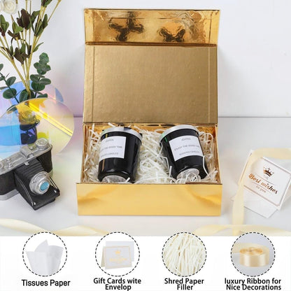 1 Pcs Gold Gift Box 9.5x6x3 Inch with Magnetic Lid | Collapsible Luxury Present Box,for Birthday,Christmas Holiday Gift Includes Card,Ribbon,Tissue Paper & Shredded Filler