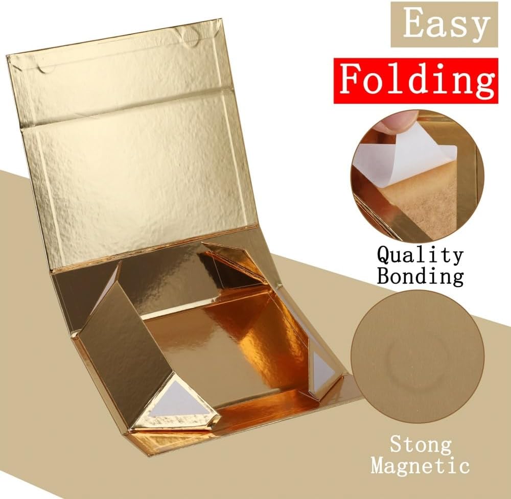 1 Pcs Gold Gift Box 9.5x6x3 Inch with Magnetic Lid | Collapsible Luxury Present Box,for Birthday,Christmas Holiday Gift Includes Card,Ribbon,Tissue Paper & Shredded Filler