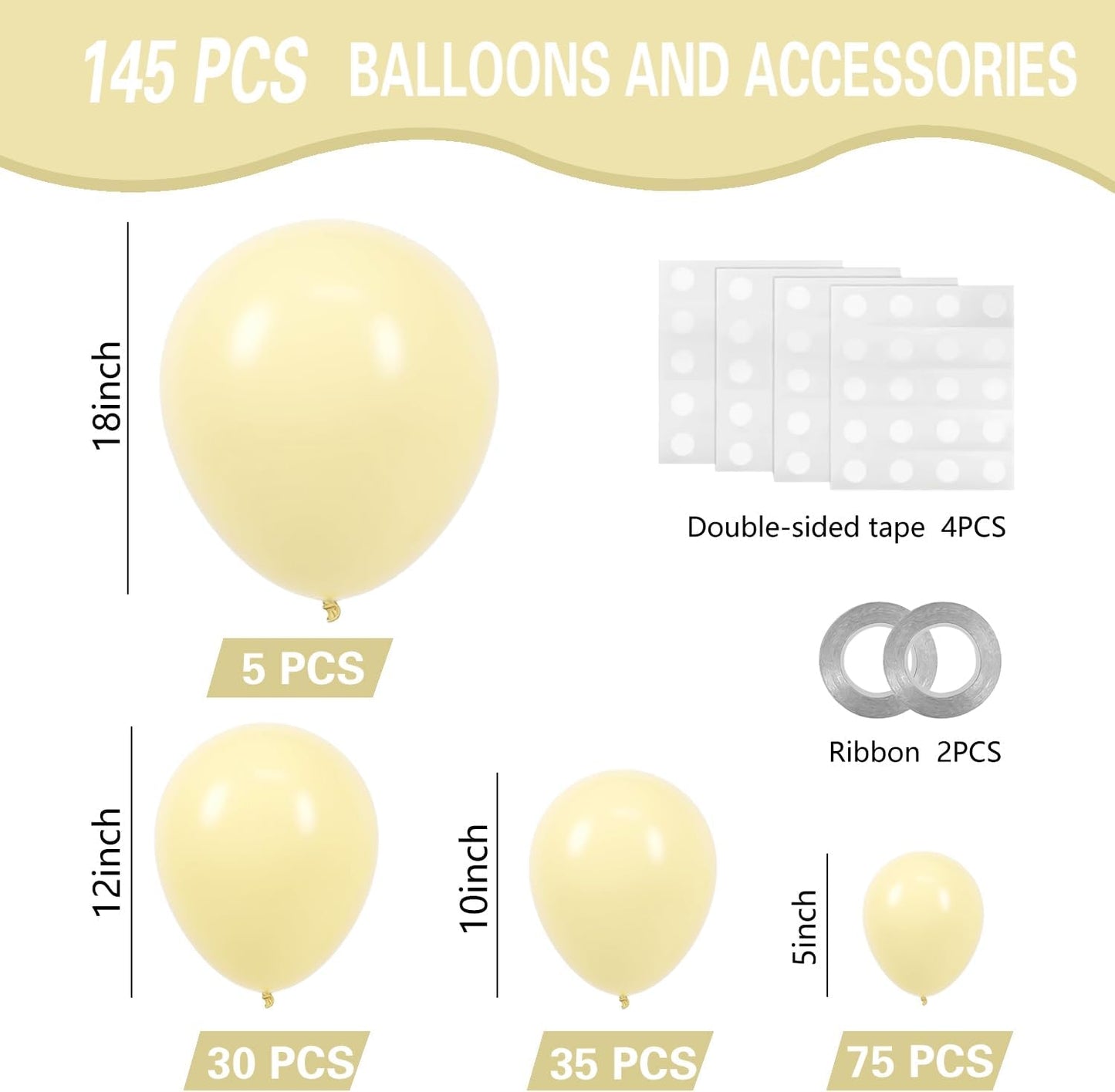 Pastel Yellow Balloons 145pcs Different Sizes 18 12 10 5 Inches Light Yellow Latex Balloon Garland Arch for Birthday Baby Shower Wedding Anniversary Graduation Party Decorations