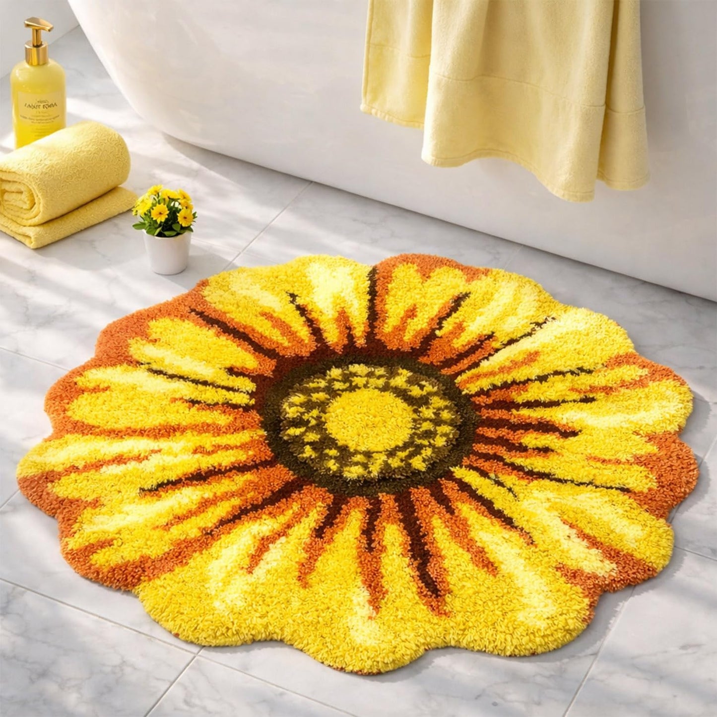 Flowers Bath Rug, Yellow Non-Slip Mat for Bathroom | Sunflower Floral Absorbent Mats for Bedroom, Living Room and Laundry