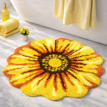 Flowers Bath Rug, Yellow Non-Slip Mat for Bathroom | Sunflower Floral Absorbent Mats for Bedroom, Living Room and Laundry