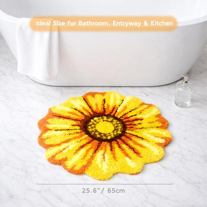 Flowers Bath Rug, Yellow Non-Slip Mat for Bathroom | Sunflower Floral Absorbent Mats for Bedroom, Living Room and Laundry