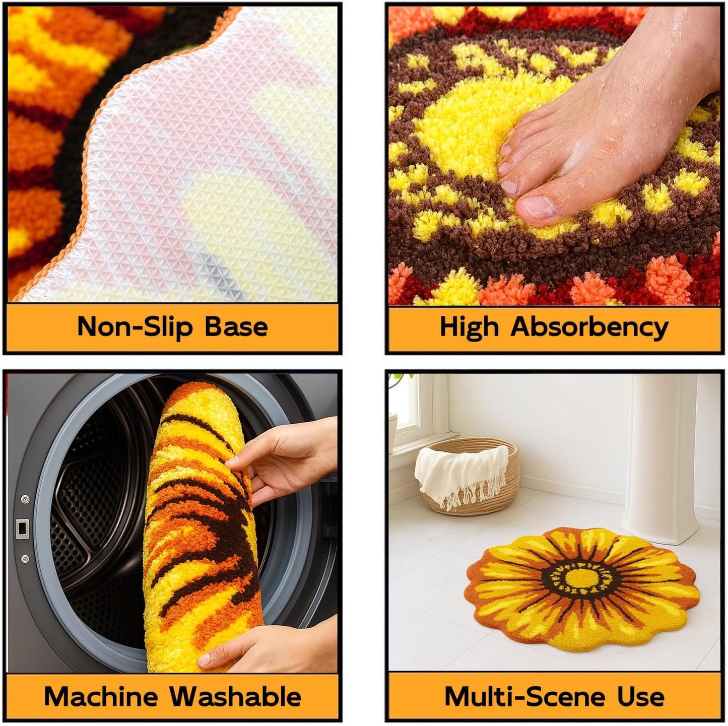 Flowers Bath Rug, Yellow Non-Slip Mat for Bathroom | Sunflower Floral Absorbent Mats for Bedroom, Living Room and Laundry