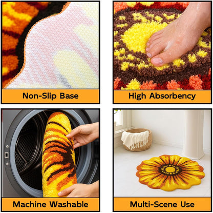 Flowers Bath Rug, Yellow Non-Slip Mat for Bathroom | Sunflower Floral Absorbent Mats for Bedroom, Living Room and Laundry