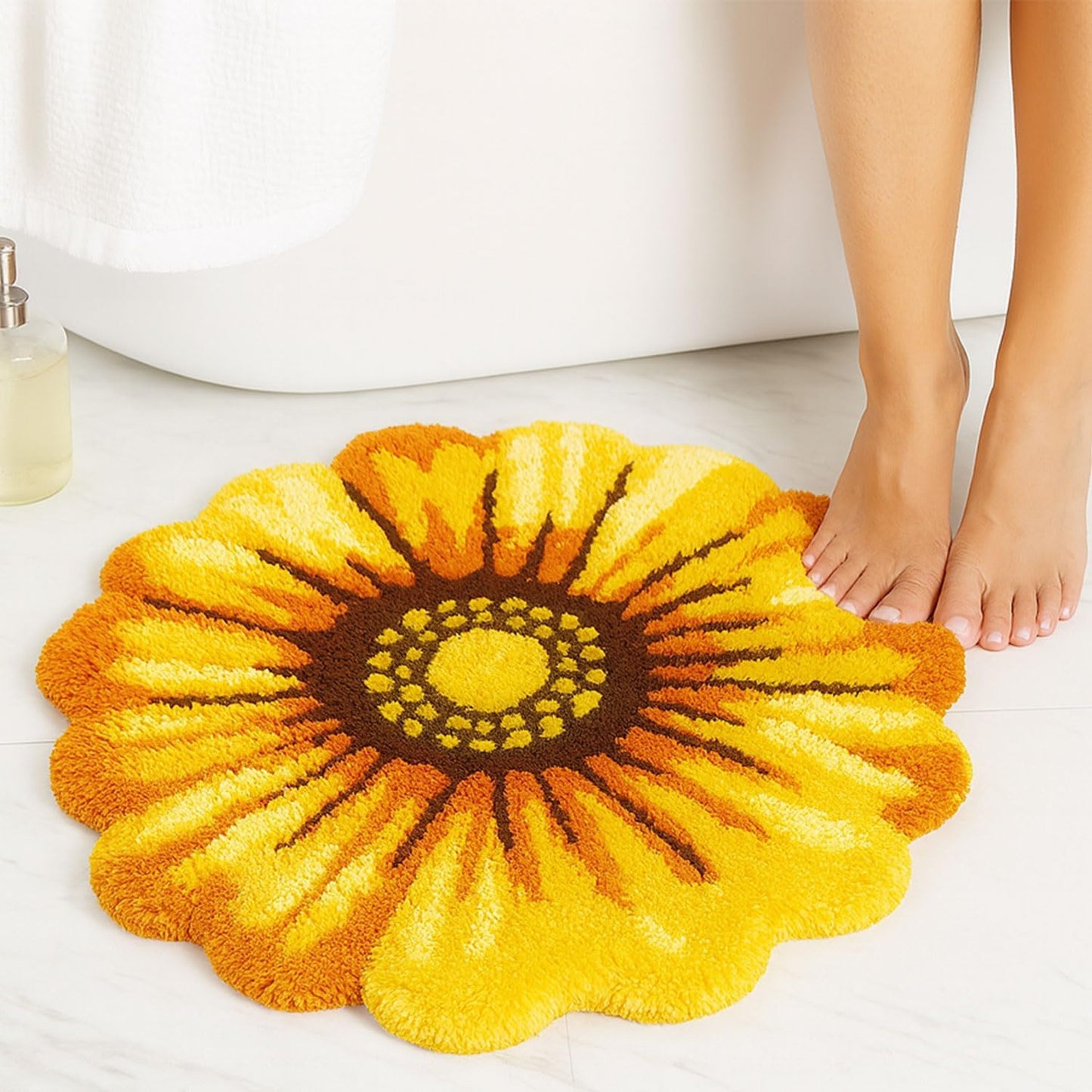 Flowers Bath Rug, Yellow Non-Slip Mat for Bathroom | Sunflower Floral Absorbent Mats for Bedroom, Living Room and Laundry